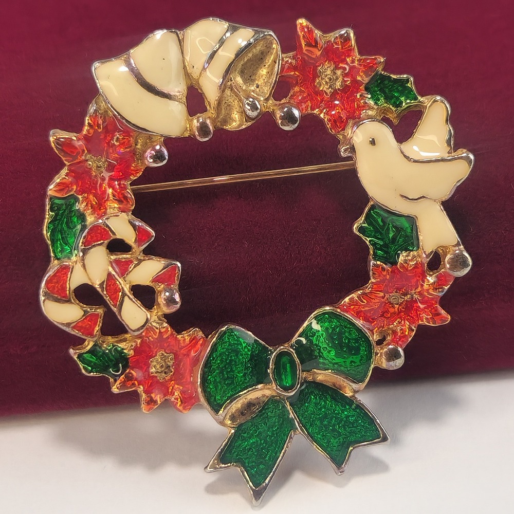 Vintage Christmas Wreath Brooch Enamel Dove Bells Candy Canes Poinsettia Bow